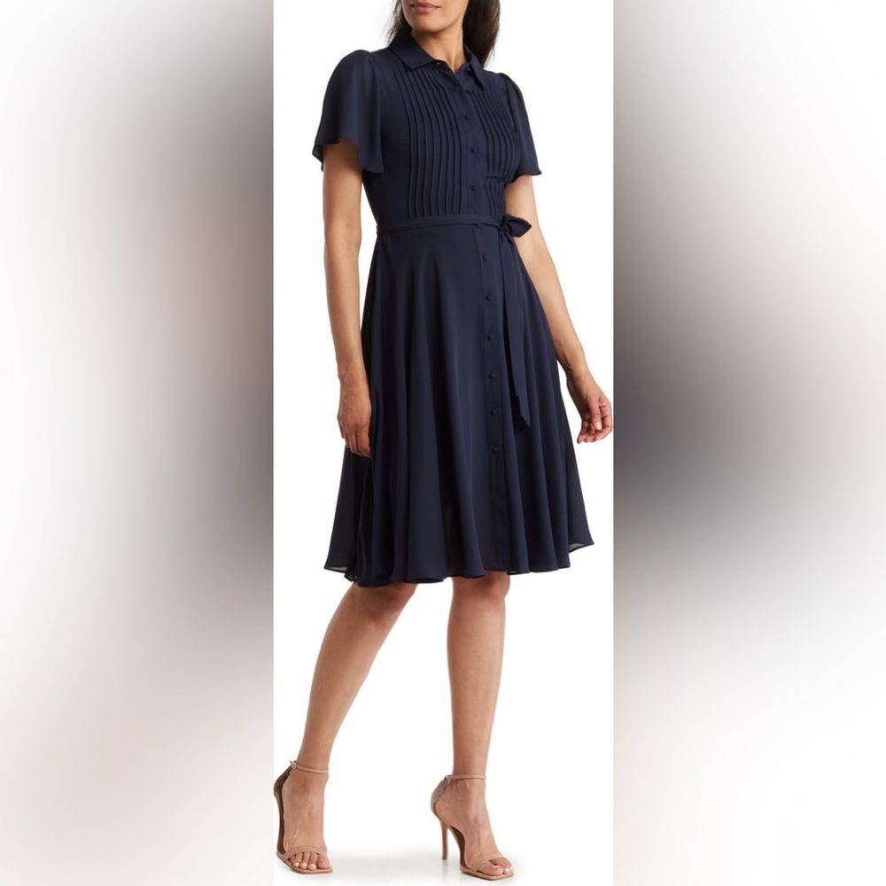 Navy Blue Nanette Lepore Pleated Crêpe de Chine Shirtdress Size 14